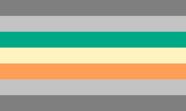 Xemiboy A flag with 7 equal horizontal stripes. From top to bottom, the colours go; grey, light grey, jade green, light yellow, pale orange, light grey, and grey.