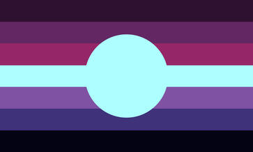 Nebulous attraction 7 striped flag. The colours go: dark pinkish-purple (top), pinkish-purple, deep magenta, very-light blue (middle), purple, darker bluish-purple, and very dark bluish-purple (bottom). There's a circle in the centre the same colour as the middle stripe.