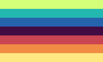 Omni-corvian A flag with 7 equal horizontal stripes. From top to bottom, the colours go; light green, teal, blue, dark purple, red, orange, and light yellow.