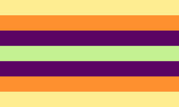 Multiaflux A flag with 7 equal horizontal stripes. The flag is mirrored and the colours go: pale yellow (edges), orange, deep purple, light green (middle).