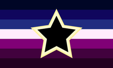 Panflospacoid A flag with 7 equal horizontal stripes. From top to bottom the stripes are: dark blue, darkish blue, blue, pale pink, purple, darkish purple, and dark purple. At the centre of the flag there's a black star with 2 outlines, 1st is pale yellow, 2nd is yellow