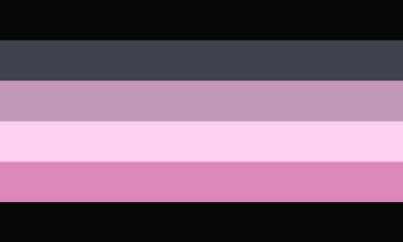Traitblur A flag with 6 equal horizontal stripes stripes. The colors in order from top to bottom are - black, medium grey, greyish pink, light pink, pink, and black.