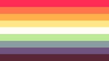 Soulqueer A flag with 9 equal horizontal stripes. From top to bottom the colors are: red-pink, orange, golden yellow, pale yellow, white, mint grey, medium grey-turquoise, medium grey-blue, and medium grey-pink/purple.